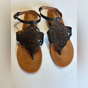 Brighton Black Leather LatLice LIna Thong Sandals Ankle Strap Women's Sz 7 Boho